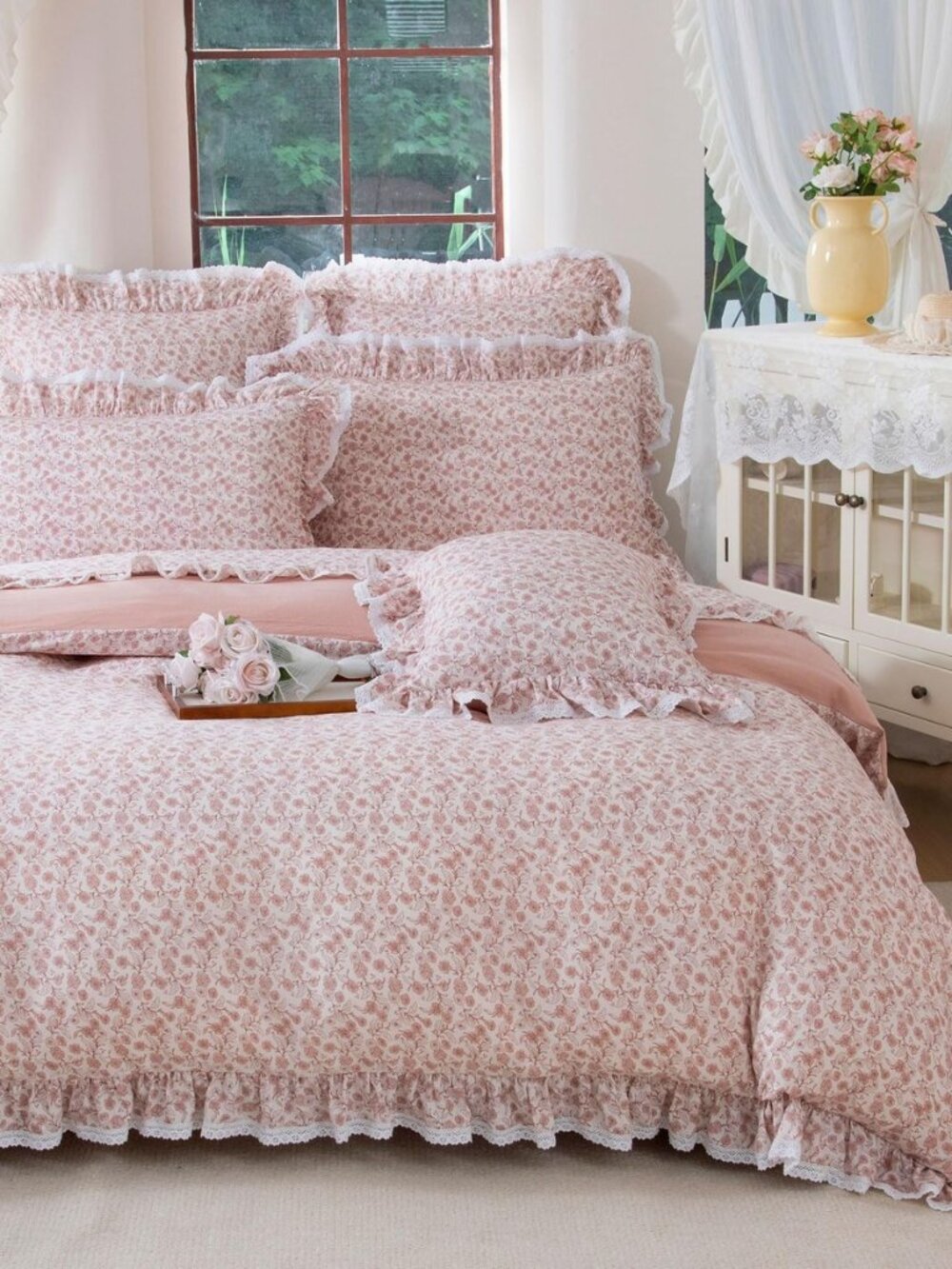 Queen Blush Floral 100% Washed Cotton Duvet Cover Set, 3 Piece Vintage Ruffle